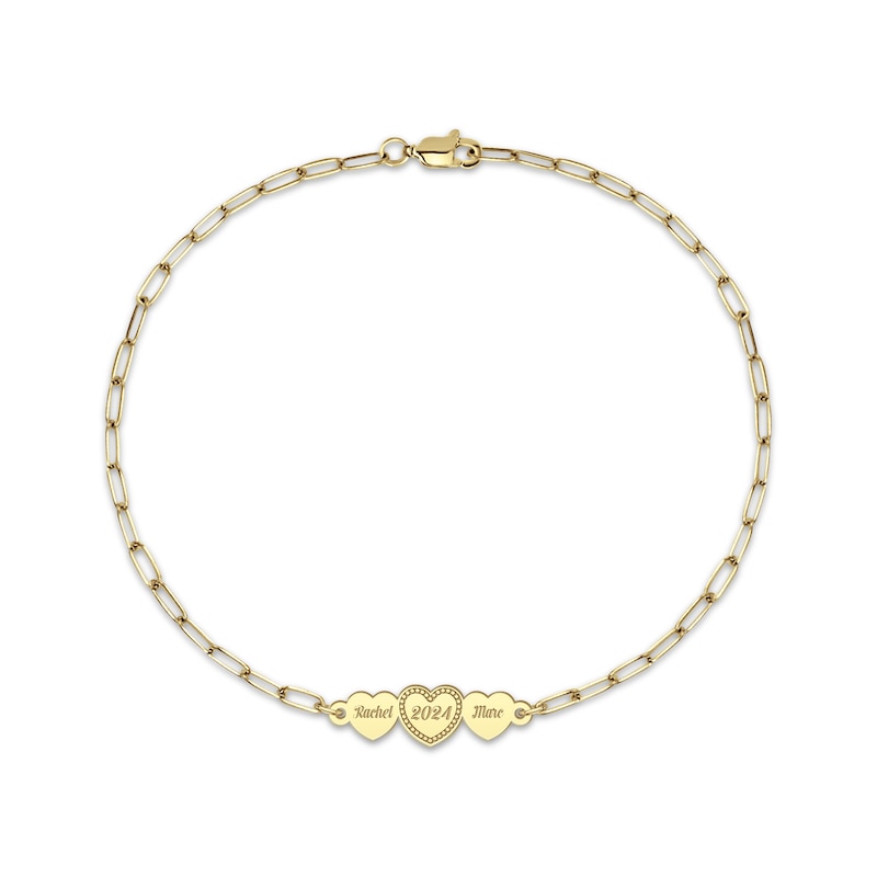 Engravable Three Hearts Paperclip Chain Bracelet 14K Yellow Gold 7.5"