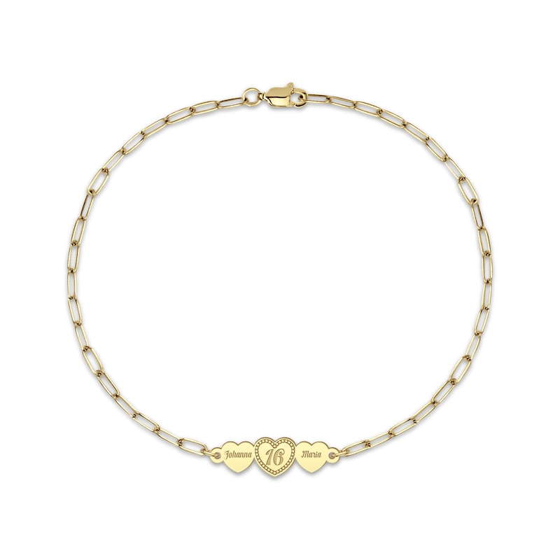 Engravable Three Hearts Paperclip Chain Bracelet 14K Yellow Gold 7.5"