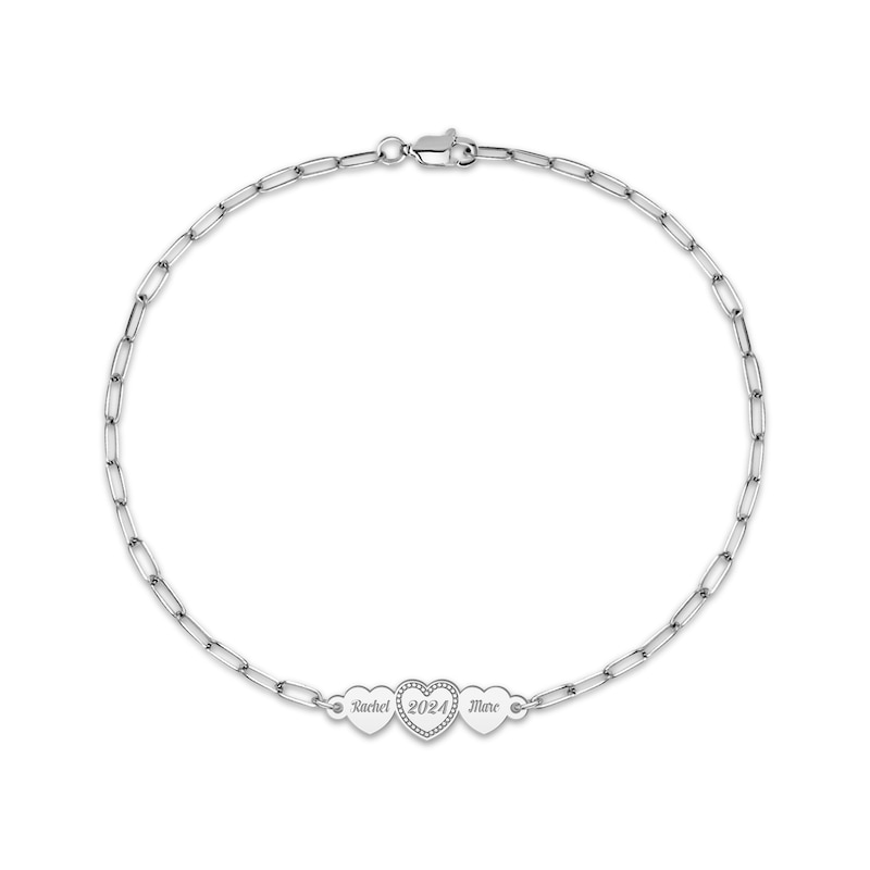 Engravable Three Hearts Paperclip Chain Bracelet Sterling Silver