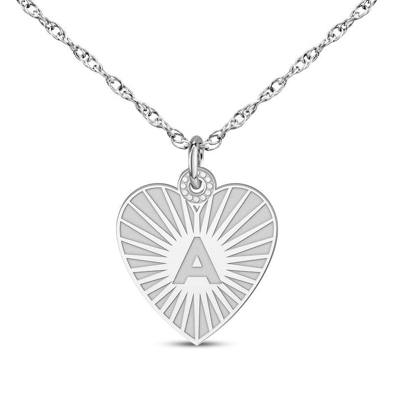 Main Image 1 of Engravable Heart-Shaped Initial Starburst Necklace 14K White Gold 18&quot;