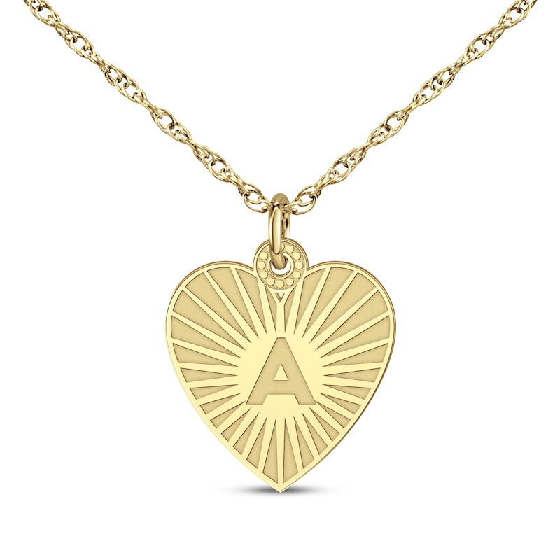 Engravable Heart-Shaped Initial Starburst Necklace 14K Yellow Gold 18"