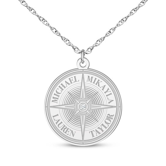 Diamond Accent Engravable Compass Necklace 10K White Gold 18"