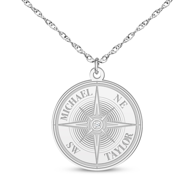 Diamond Accent Engravable Compass Necklace Sterling Silver 18"