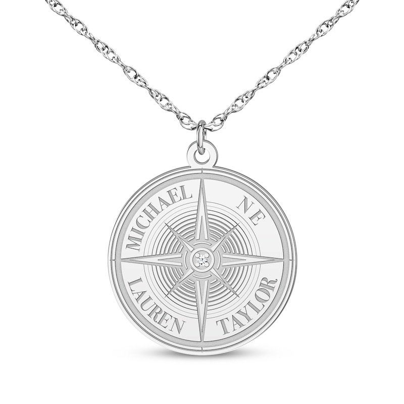 Diamond Accent Engravable Compass Necklace Sterling Silver 18"