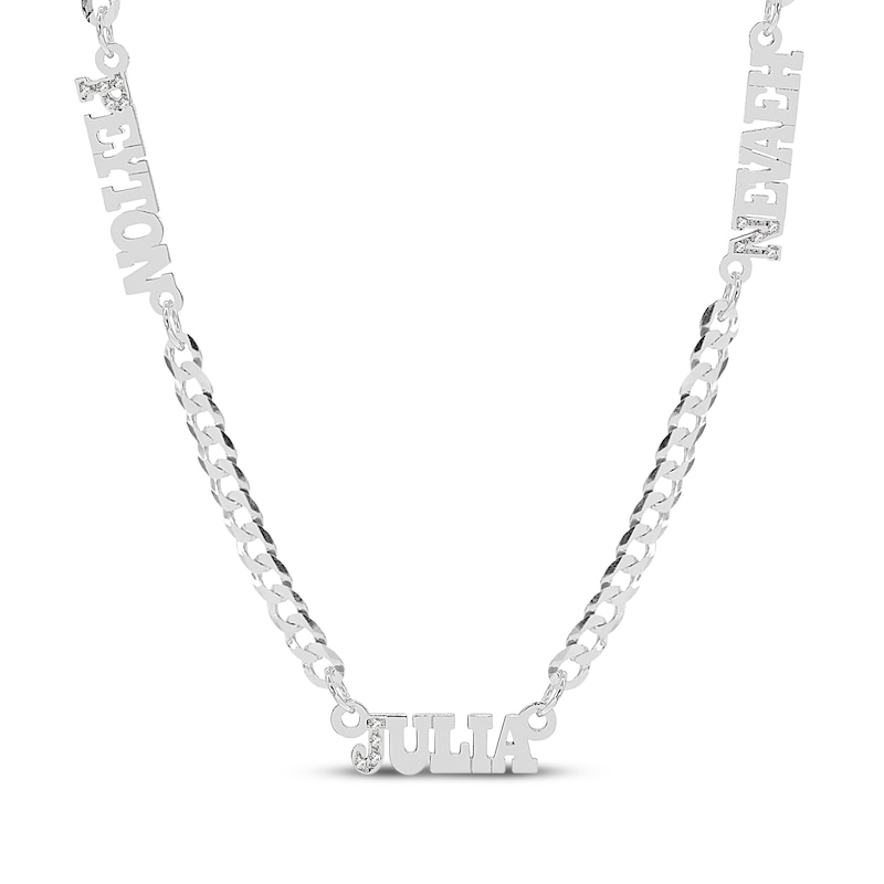 Main Image 1 of Diamond 3 Name Station Curb Chain Necklace 1/15 ct tw Sterling Silver 18&quot;