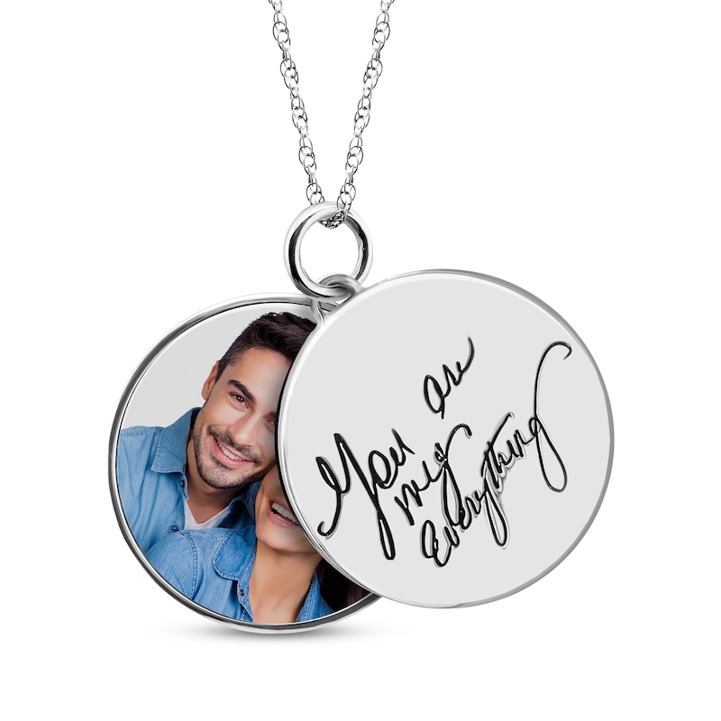 Main Image 1 of Double Round Photo & Handwritten Message Charm Swivel Necklace 10K White Gold 18&quot;