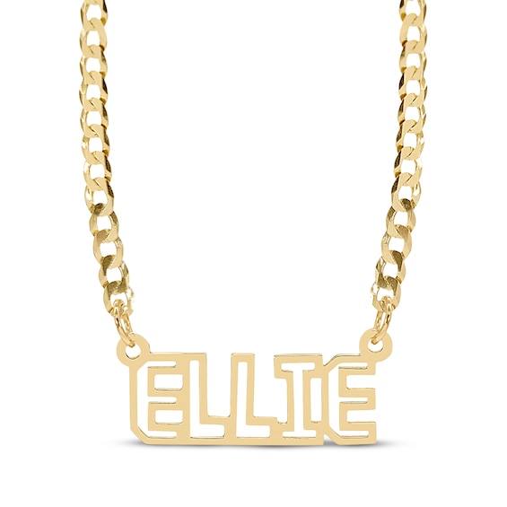 Stenciled Name Curb Chain Necklace 14K Yellow Gold 18"