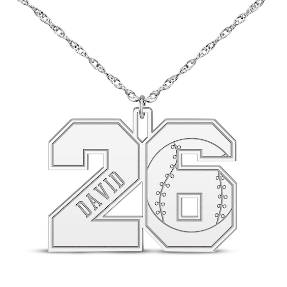 Baseball Double Digit Number & Name Necklace Sterling Silver 22"