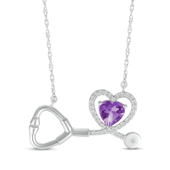 Heart-Shaped Amethyst & White Lab-Created Sapphire Stethoscope Necklace Sterling Silver 17"