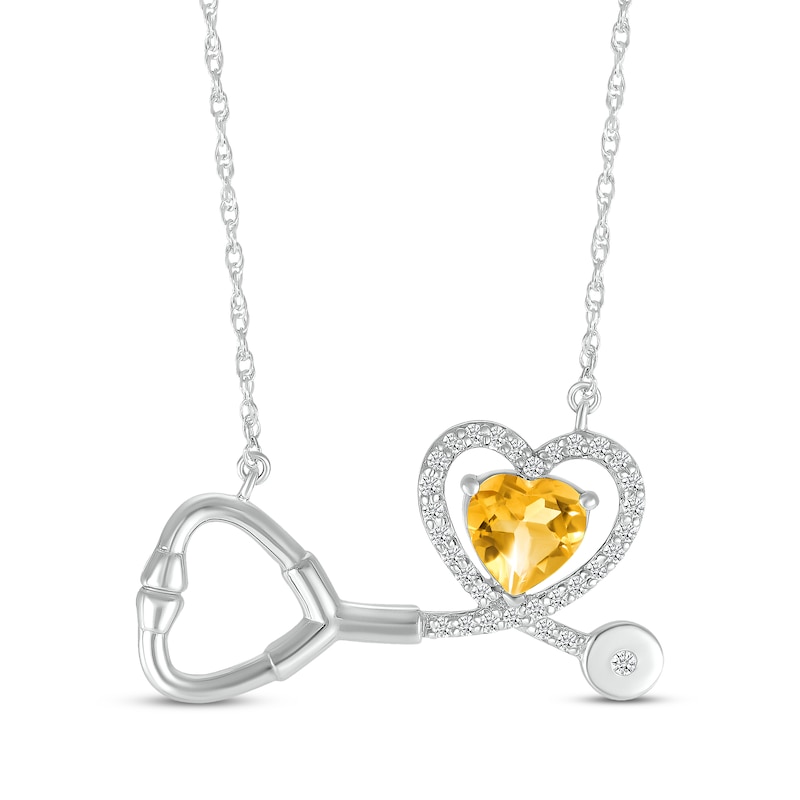 Main Image 1 of Heart-Shaped Citrine & White Lab-Created Sapphire Stethoscope Necklace Sterling Silver 17&quot;