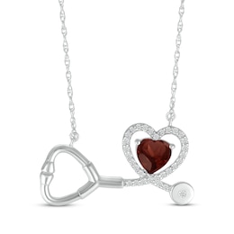 Heart-Shaped Garnet & White Lab-Created Sapphire Stethoscope Necklace Sterling Silver 17&quot;