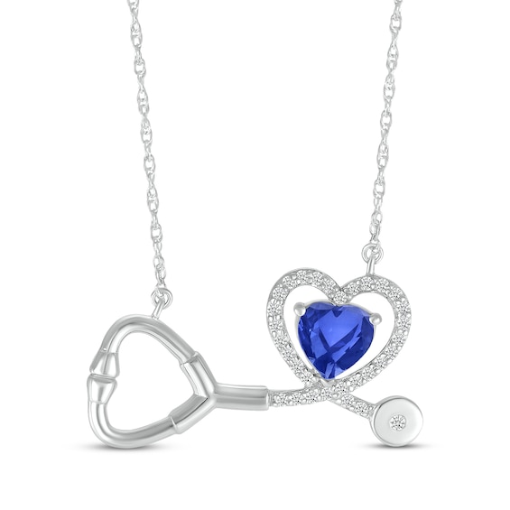 Heart-Shaped Blue & White Lab-Created Sapphire Stethoscope Necklace Sterling Silver 17"