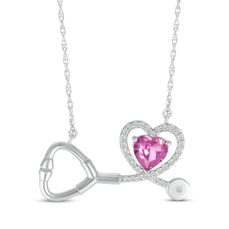 Main Image 1 of Heart-Shaped Pink & White Lab-Created Sapphire Stethoscope Necklace Sterling Silver 17&quot;