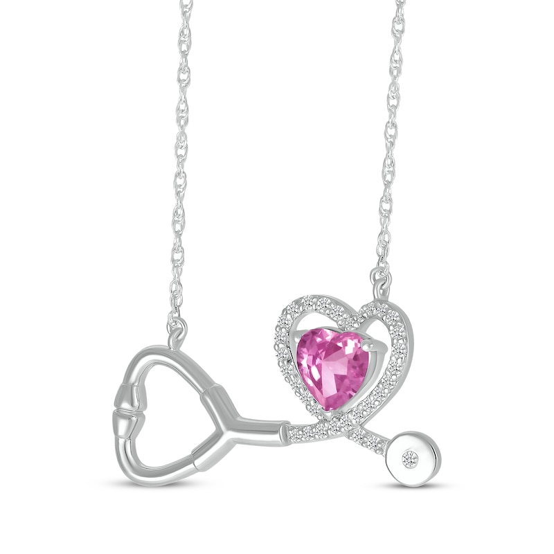 Main Image 2 of Heart-Shaped Pink & White Lab-Created Sapphire Stethoscope Necklace Sterling Silver 17&quot;