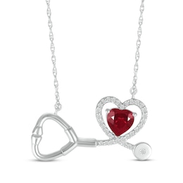 Heart-Shaped Lab-Created Ruby & White Lab-Created Sapphire Stethoscope Necklace Sterling Silver 17&quot;