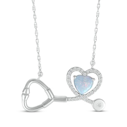 Heart-Shaped Lab-Created Opal & White Lab-Created Sapphire Stethoscope Necklace Sterling Silver 17&quot;