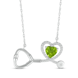 Heart-Shaped Peridot & White Lab-Created Sapphire Stethoscope Necklace Sterling Silver 17&quot;