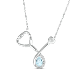 Pear-Shaped Aquamarine & White Lab-Created Sapphire Stethoscope Necklace Sterling Silver 17&quot;