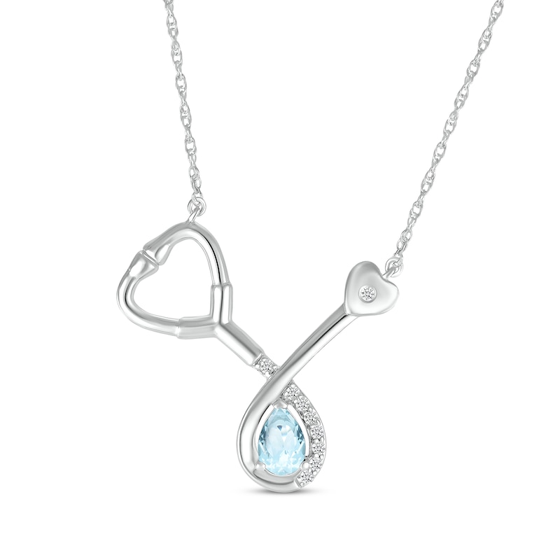 Main Image 1 of Pear-Shaped Aquamarine & White Lab-Created Sapphire Stethoscope Necklace Sterling Silver 17&quot;