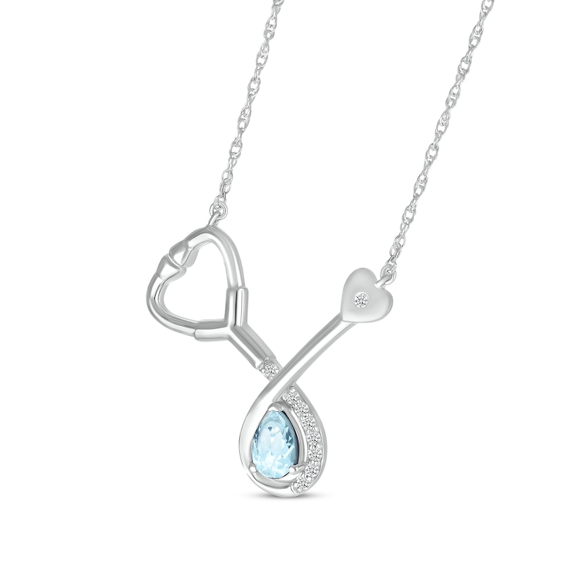 Main Image 2 of Pear-Shaped Aquamarine & White Lab-Created Sapphire Stethoscope Necklace Sterling Silver 17&quot;