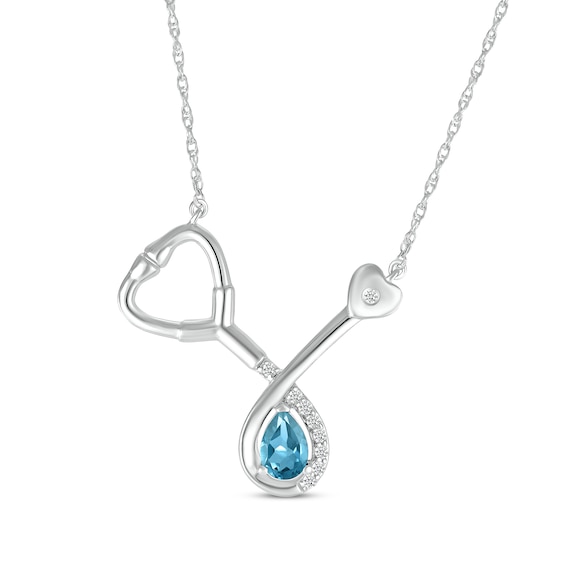 Pear-Shaped Blue Topaz & White Lab-Created Sapphire Stethoscope Necklace Sterling Silver 17"