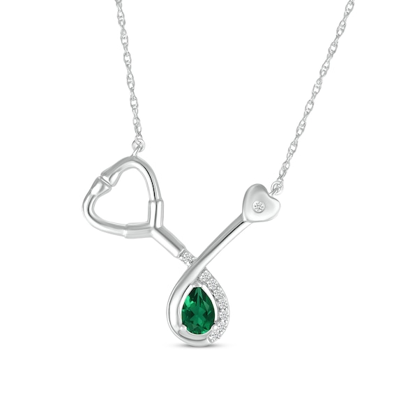 Pear-Shaped Lab-Created Emerald & White Lab-Created Sapphire Stethoscope Necklace Sterling Silver 17"