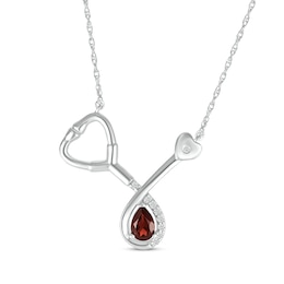 Pear-Shaped Garnet & White Lab-Created Sapphire Stethoscope Necklace Sterling Silver 17&quot;