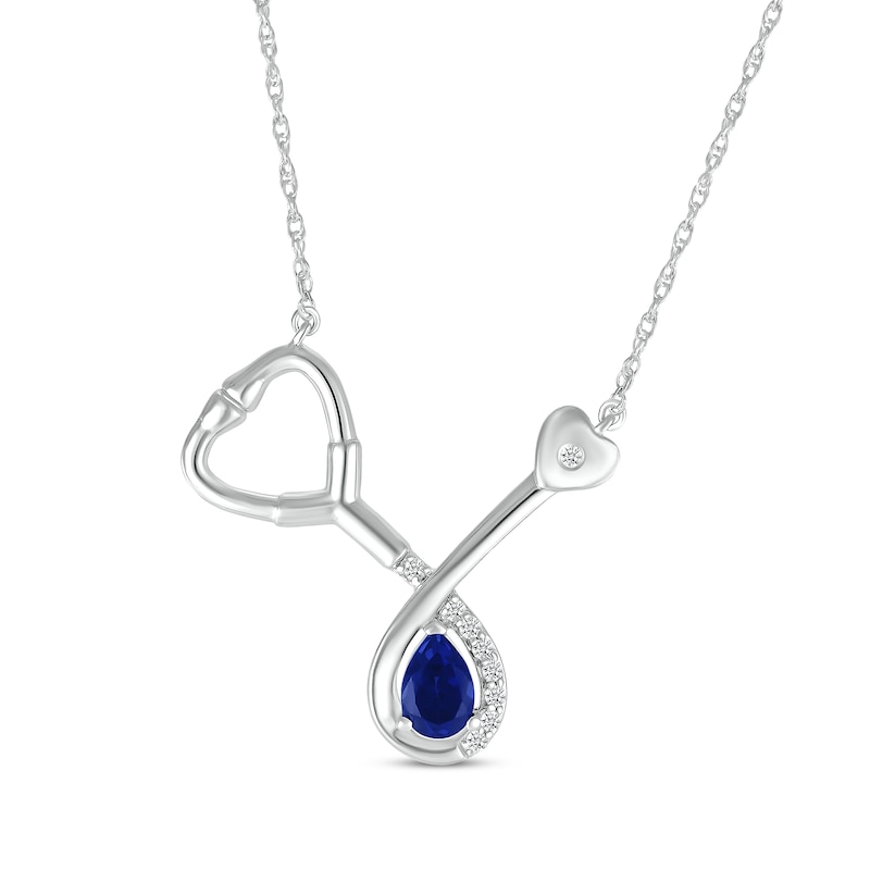 Main Image 1 of Pear-Shaped Blue Lab-Created Sapphire & White Lab-Created Sapphire Stethoscope Necklace Sterling Silver 17&quot;