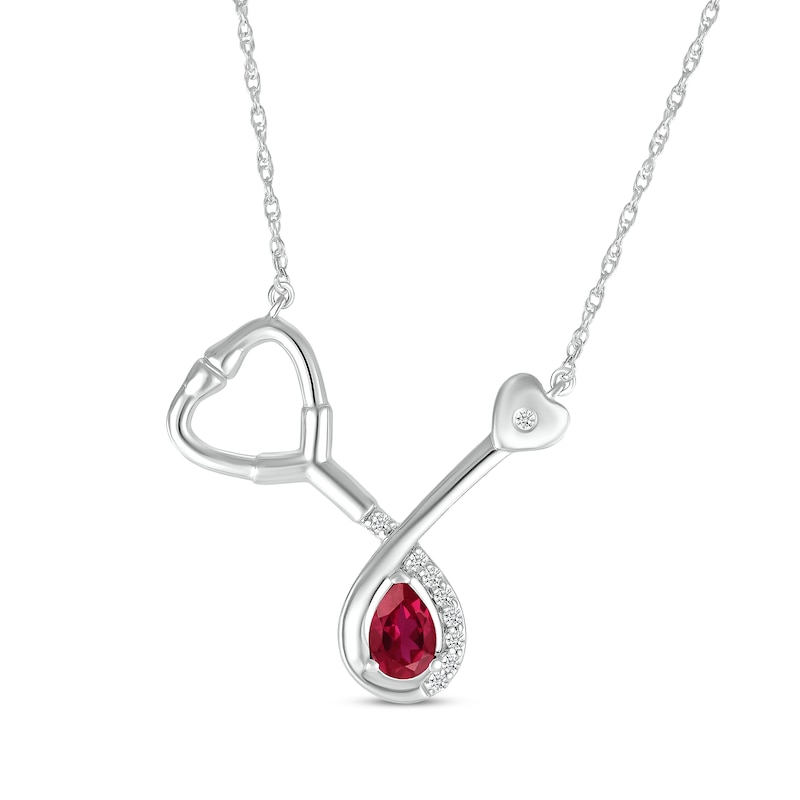 Main Image 1 of Pear-Shaped Lab-Created Ruby & White Lab-Created Sapphire Stethoscope Necklace Sterling Silver 17&quot;