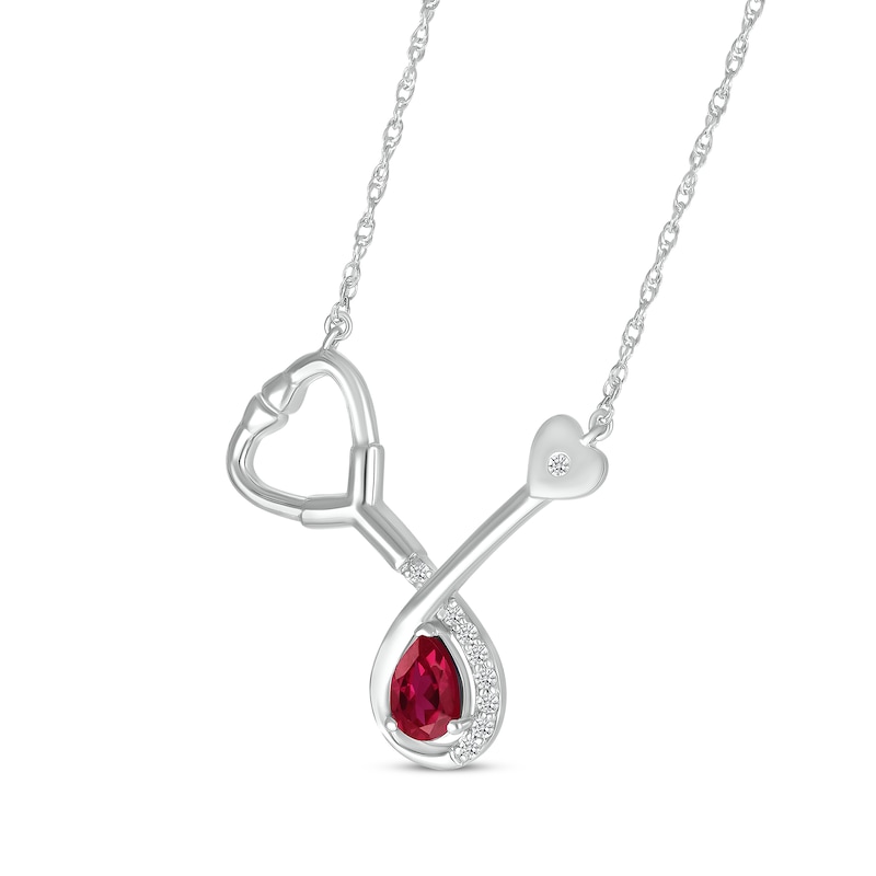 Main Image 2 of Pear-Shaped Lab-Created Ruby & White Lab-Created Sapphire Stethoscope Necklace Sterling Silver 17&quot;