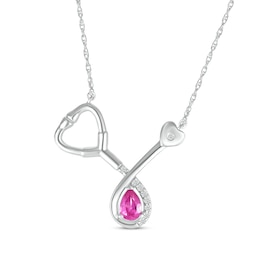 Pear-Shaped Pink Lab-Created Sapphire & White Lab-Created Sapphire Stethoscope Necklace Sterling Silver 17&quot;