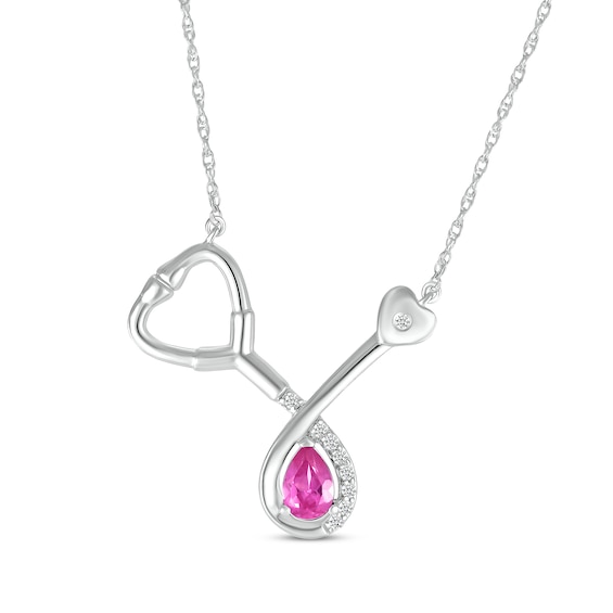 Pear-Shaped Pink Lab-Created Sapphire & White Lab-Created Sapphire Stethoscope Necklace Sterling Silver 17"