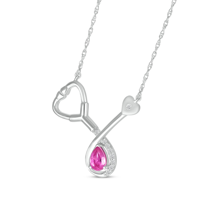 Main Image 2 of Pear-Shaped Pink Lab-Created Sapphire & White Lab-Created Sapphire Stethoscope Necklace Sterling Silver 17&quot;