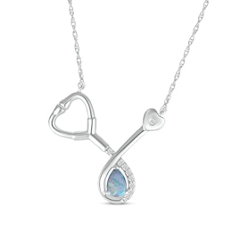 Pear-Shaped Lab-Created Opal & White Lab-Created Sapphire Stethoscope Necklace Sterling Silver 17&quot;