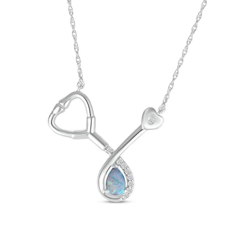 Main Image 1 of Pear-Shaped Lab-Created Opal & White Lab-Created Sapphire Stethoscope Necklace Sterling Silver 17&quot;