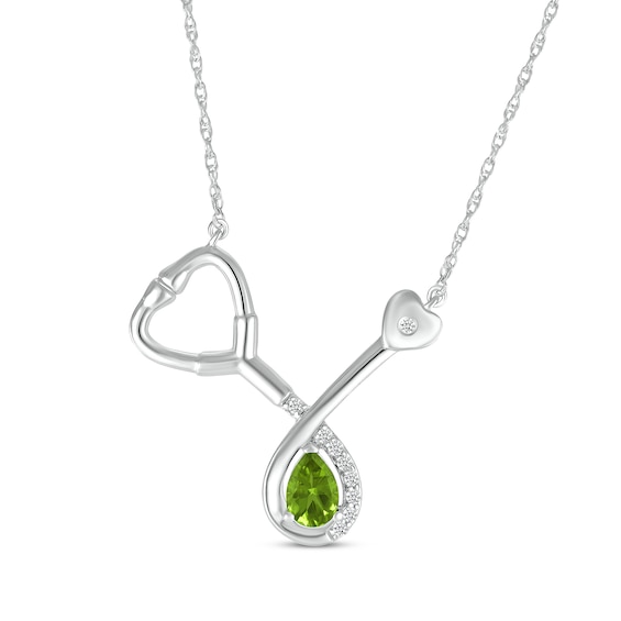 Pear-Shaped Peridot & White Lab-Created Sapphire Stethoscope Necklace Sterling Silver 17"