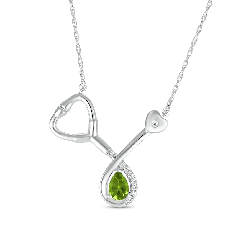 Main Image 1 of Pear-Shaped Peridot & White Lab-Created Sapphire Stethoscope Necklace Sterling Silver 17&quot;