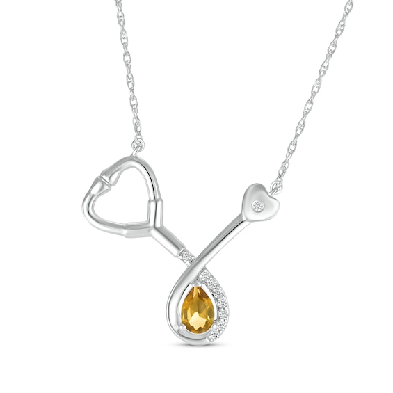 Pear-Shaped Citrine & White Lab-Created Sapphire Stethoscope Necklace Sterling Silver 17"