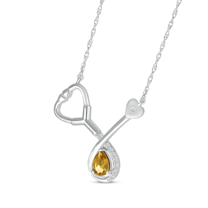 Main Image 2 of Pear-Shaped Citrine & White Lab-Created Sapphire Stethoscope Necklace Sterling Silver 17&quot;