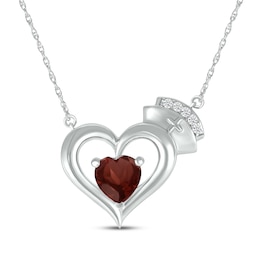 Heart-Shaped Garnet & White Lab-Created Sapphire Nurse Necklace Sterling Silver 17&quot;