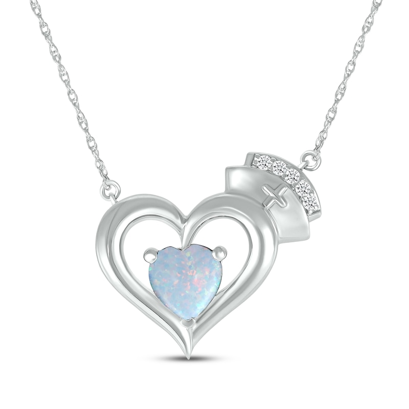 Main Image 1 of Heart-Shaped Lab-Created Opal & White Lab-Created Sapphire Nurse Necklace Sterling Silver 17&quot;