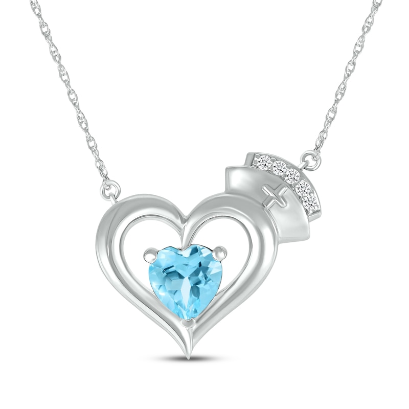 Main Image 1 of Heart-Shaped Blue Topaz & White Lab-Created Sapphire Nurse Necklace Sterling Silver 17&quot;