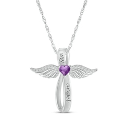 Heart-Shaped Amethyst & White Lab-Created Sapphire Angel Wings & Cross Necklace Sterling Silver 18&quot;