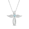 Thumbnail Image 1 of Heart-Shaped Aquamarine & White Lab-Created Sapphire Angel Wings & Cross Necklace Sterling Silver 18&quot;