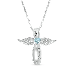 Heart-Shaped Aquamarine & White Lab-Created Sapphire Angel Wings & Cross Necklace Sterling Silver 18&quot;