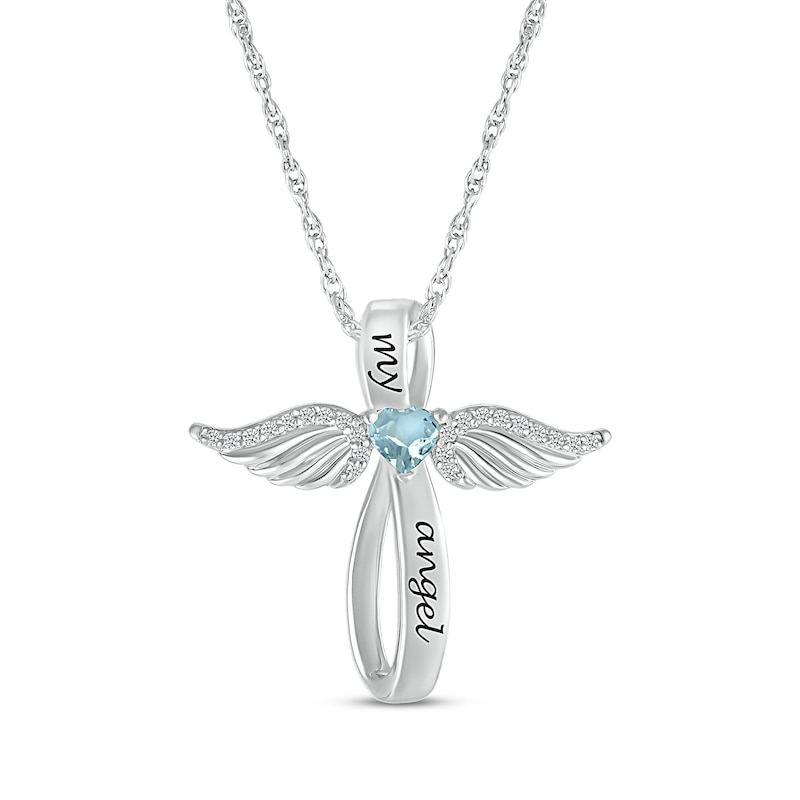 Main Image 1 of Heart-Shaped Aquamarine & White Lab-Created Sapphire Angel Wings & Cross Necklace Sterling Silver 18&quot;