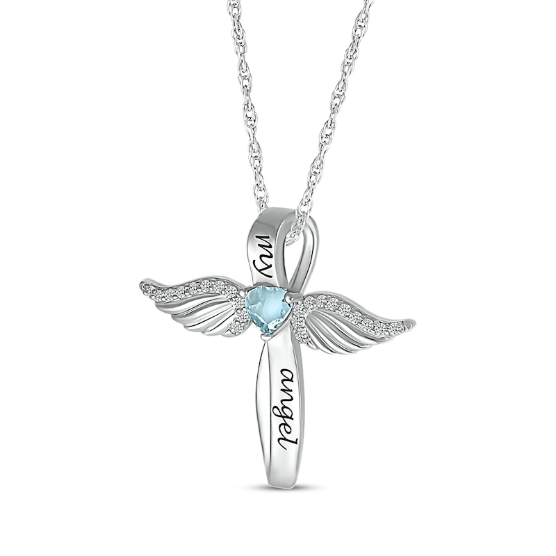 Main Image 2 of Heart-Shaped Aquamarine & White Lab-Created Sapphire Angel Wings & Cross Necklace Sterling Silver 18&quot;