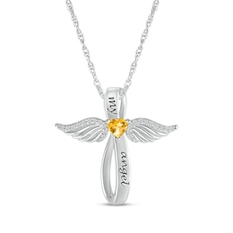 Heart-Shaped Citrine & White Lab-Created Sapphire Angel Wings & Cross Necklace Sterling Silver 18&quot;