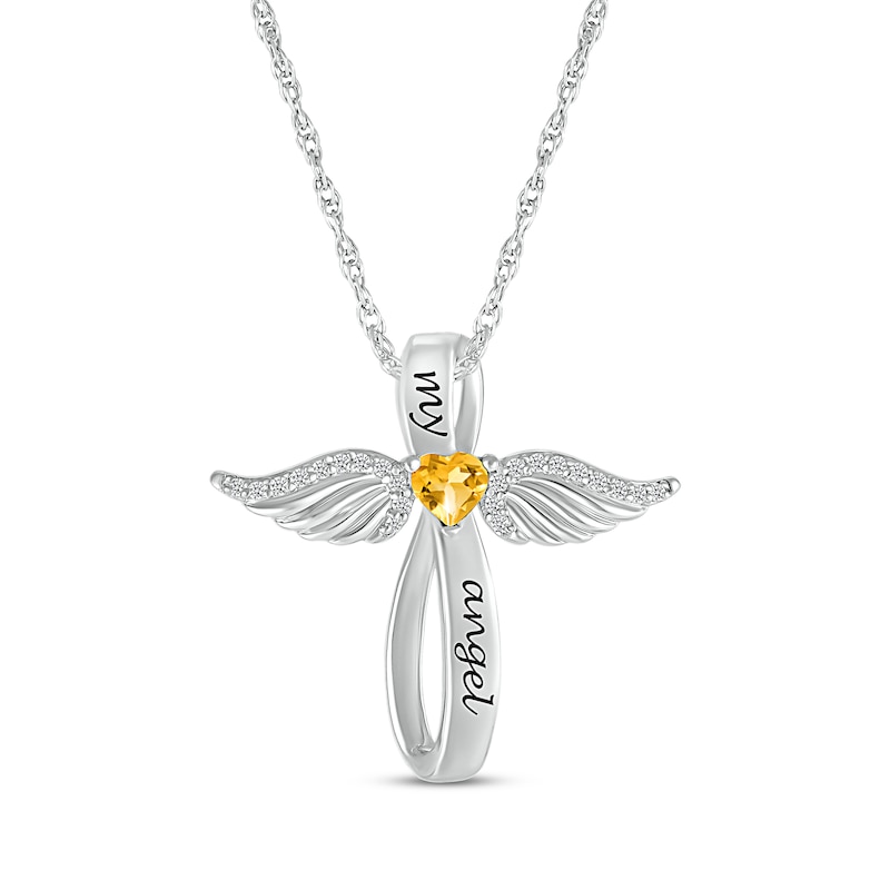 Main Image 1 of Heart-Shaped Citrine & White Lab-Created Sapphire Angel Wings & Cross Necklace Sterling Silver 18&quot;