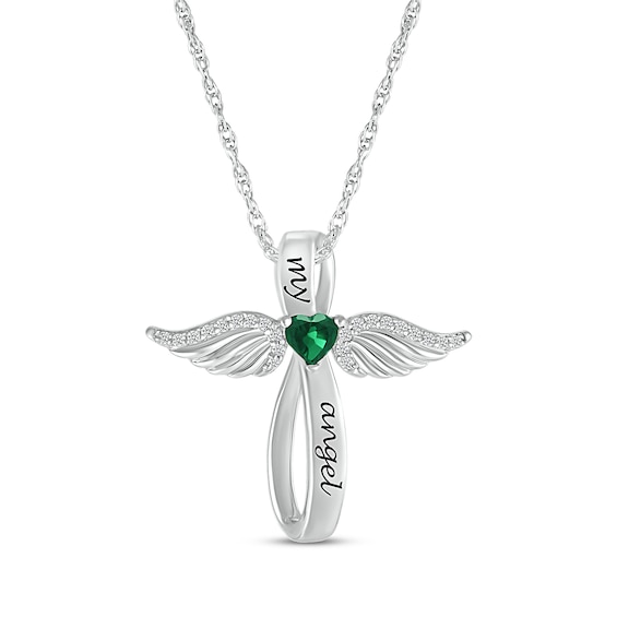 Heart-Shaped Lab-Created Emerald & White Lab-Created Sapphire Angel Wings & Cross Necklace Sterling Silver 18"